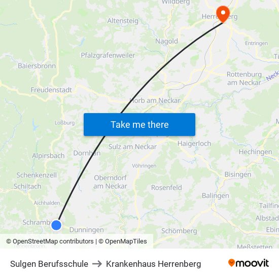 Sulgen Berufsschule to Krankenhaus Herrenberg map