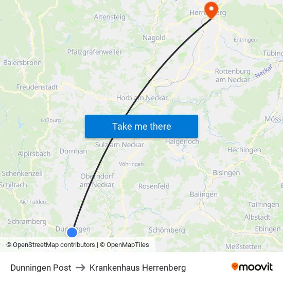 Dunningen Post to Krankenhaus Herrenberg map