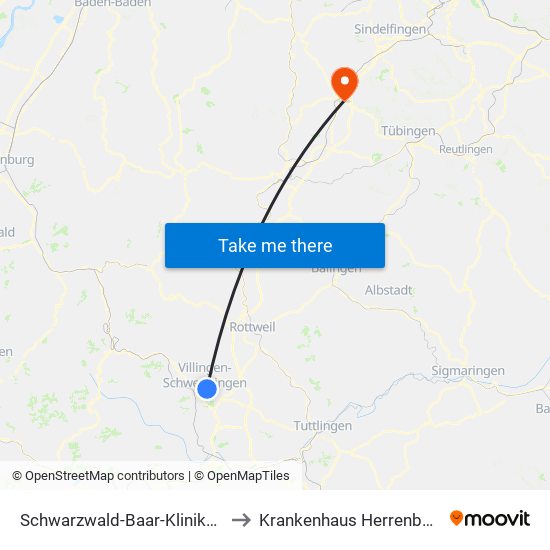 Schwarzwald-Baar-Klinikum to Krankenhaus Herrenberg map