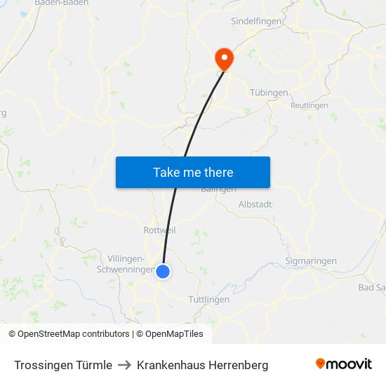 Trossingen Türmle to Krankenhaus Herrenberg map