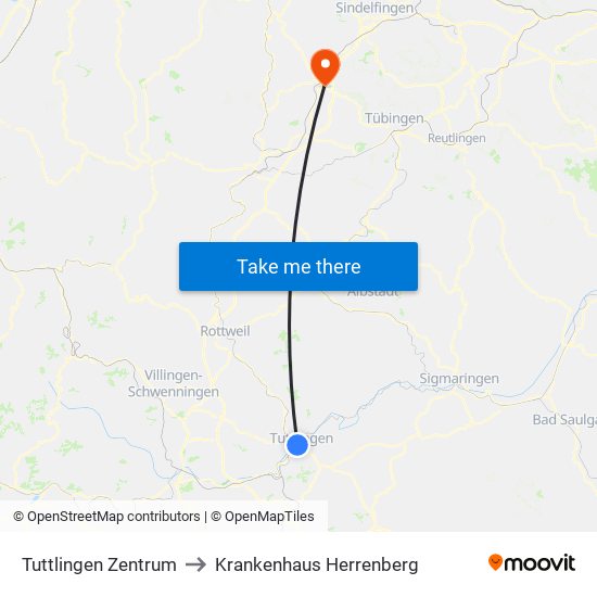 Tuttlingen Zentrum to Krankenhaus Herrenberg map