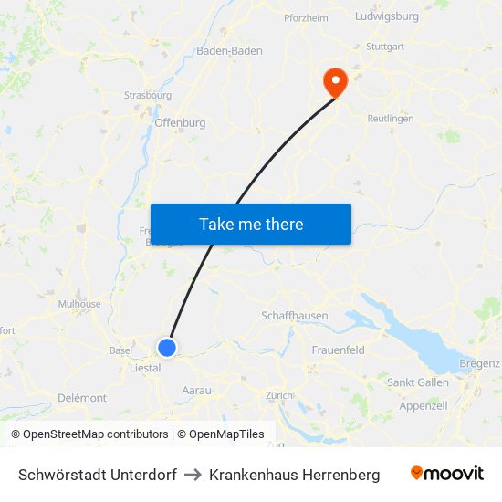 Schwörstadt Unterdorf to Krankenhaus Herrenberg map