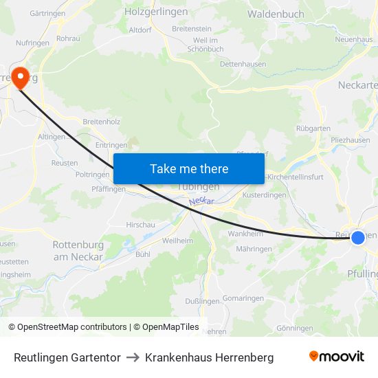 Reutlingen Gartentor to Krankenhaus Herrenberg map