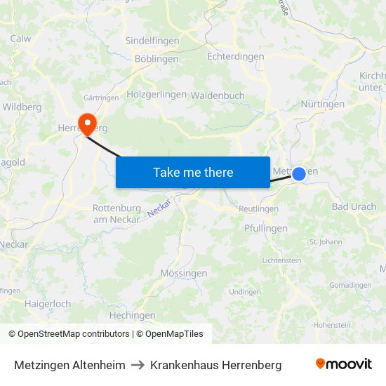 Metzingen Altenheim to Krankenhaus Herrenberg map