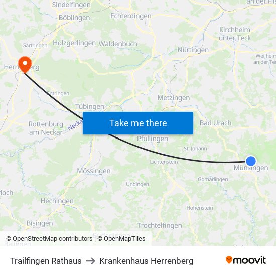 Trailfingen Rathaus to Krankenhaus Herrenberg map