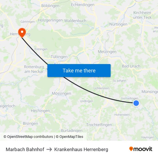Marbach Bahnhof to Krankenhaus Herrenberg map