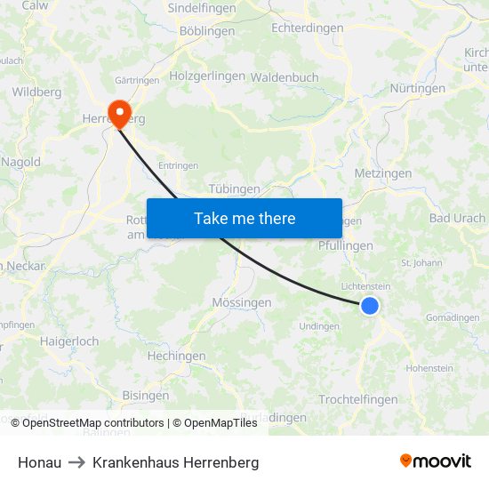 Honau to Krankenhaus Herrenberg map