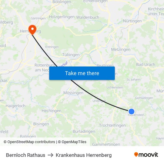 Bernloch Rathaus to Krankenhaus Herrenberg map