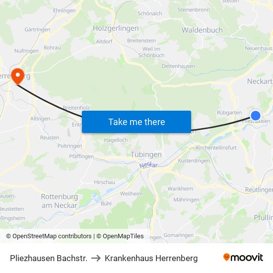 Pliezhausen Bachstr. to Krankenhaus Herrenberg map