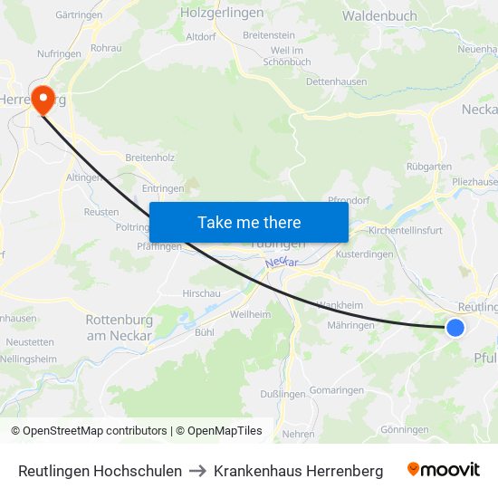 Reutlingen Hochschulen to Krankenhaus Herrenberg map