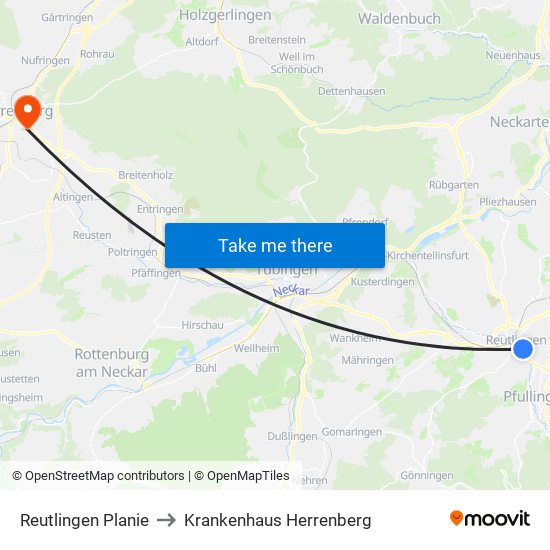 Reutlingen Planie to Krankenhaus Herrenberg map