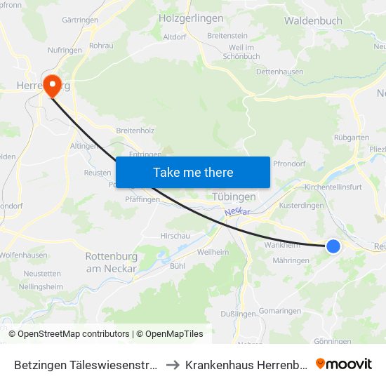 Betzingen Täleswiesenstraße to Krankenhaus Herrenberg map