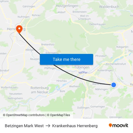 Betzingen Mark West to Krankenhaus Herrenberg map