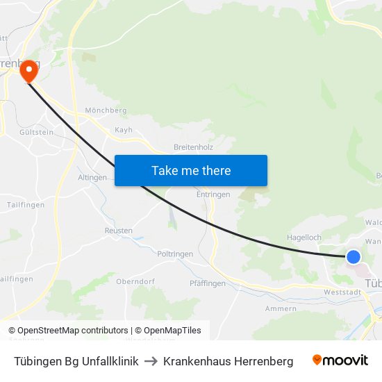 Tübingen Bg Unfallklinik to Krankenhaus Herrenberg map