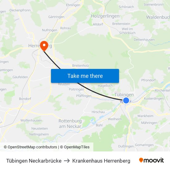 Tübingen Neckarbrücke to Krankenhaus Herrenberg map