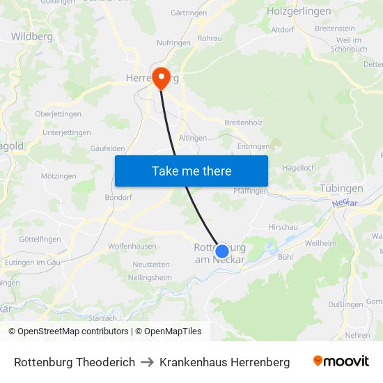 Rottenburg Theoderich to Krankenhaus Herrenberg map