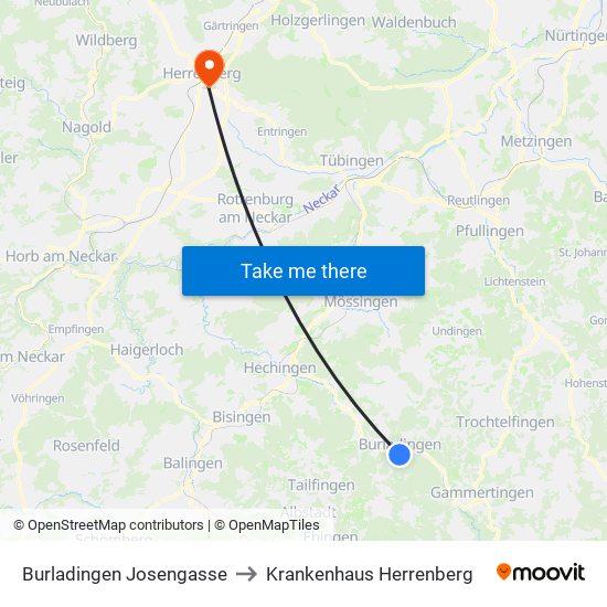 Burladingen Josengasse to Krankenhaus Herrenberg map