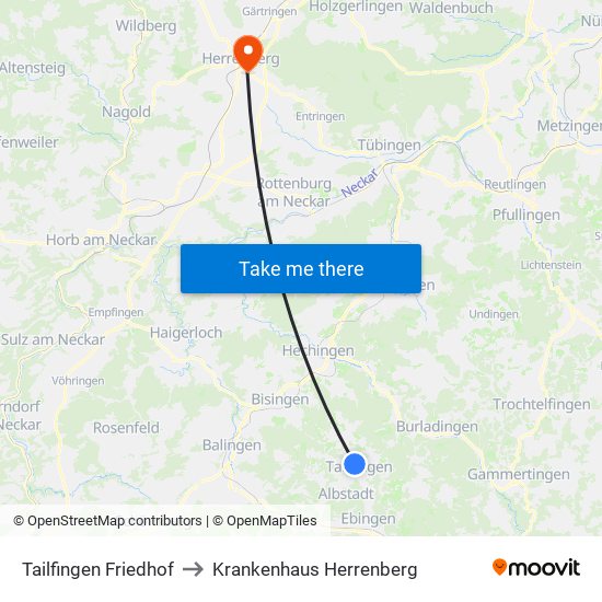 Tailfingen Friedhof to Krankenhaus Herrenberg map