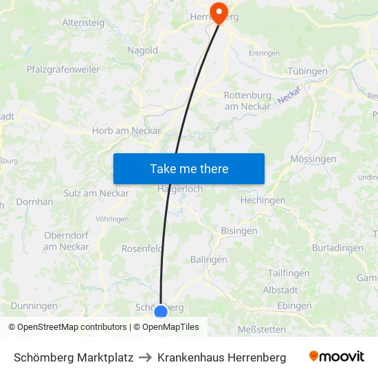 Schömberg Marktplatz to Krankenhaus Herrenberg map