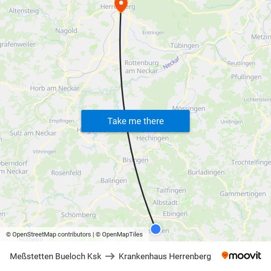 Meßstetten Bueloch Ksk to Krankenhaus Herrenberg map