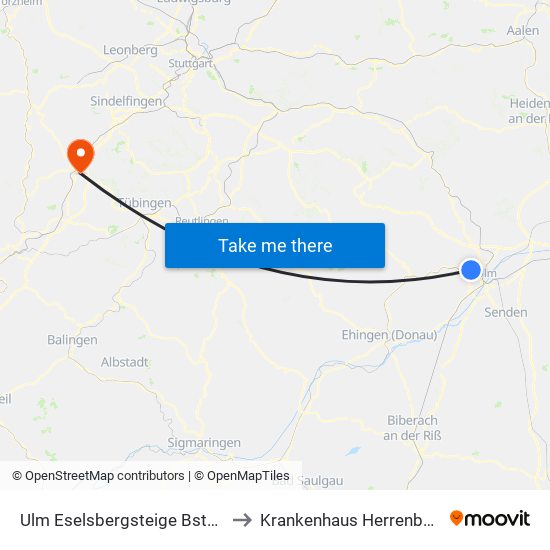 Ulm Eselsbergsteige Bstg B to Krankenhaus Herrenberg map
