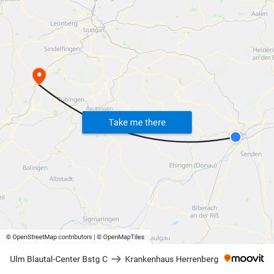 Ulm Blautal-Center Bstg C to Krankenhaus Herrenberg map