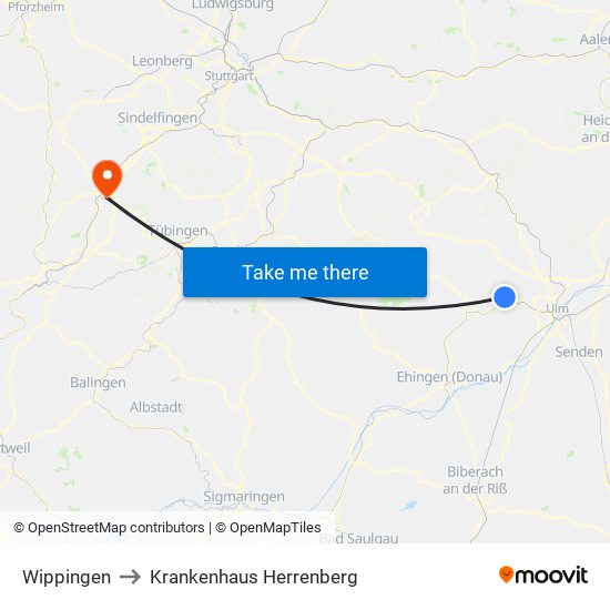 Wippingen to Krankenhaus Herrenberg map