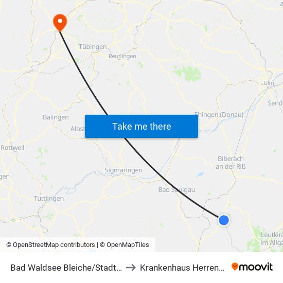 Bad Waldsee Bleiche/Stadthalle to Krankenhaus Herrenberg map