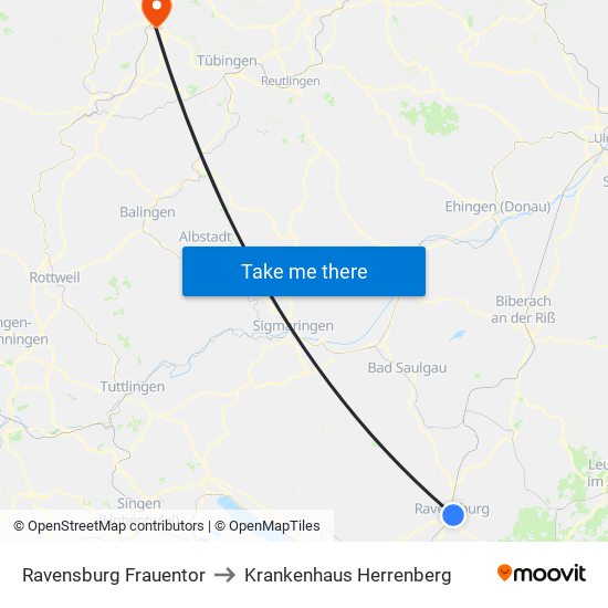 Ravensburg Frauentor to Krankenhaus Herrenberg map
