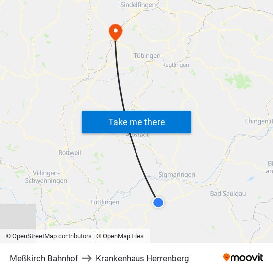 Meßkirch Bahnhof to Krankenhaus Herrenberg map