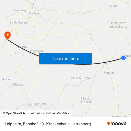 Leipheim, Bahnhof to Krankenhaus Herrenberg map