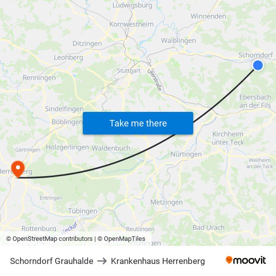 Schorndorf Grauhalde to Krankenhaus Herrenberg map