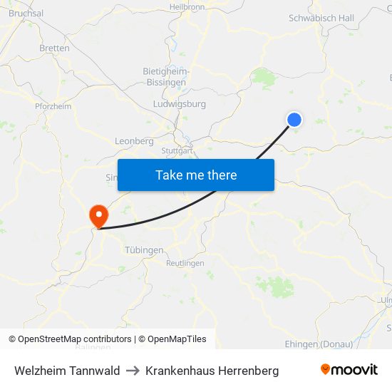 Welzheim Tannwald to Krankenhaus Herrenberg map