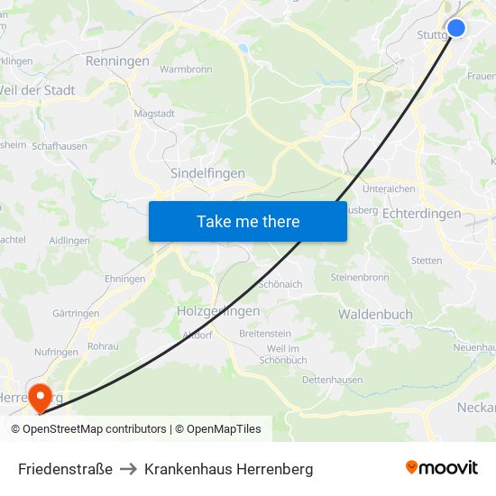 Friedenstraße to Krankenhaus Herrenberg map