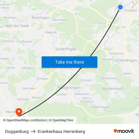 Doggenburg to Krankenhaus Herrenberg map
