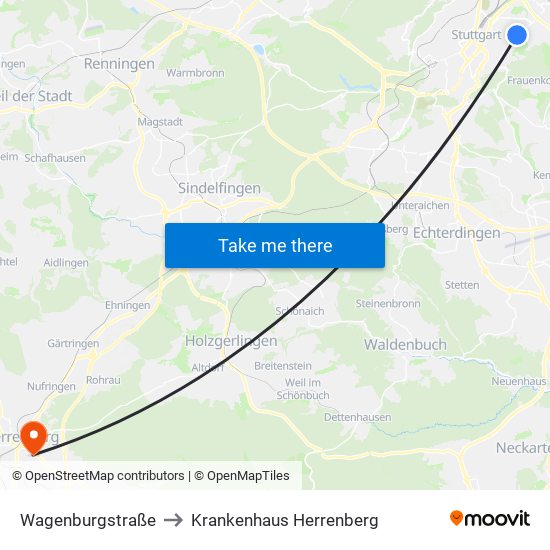 Wagenburgstraße to Krankenhaus Herrenberg map