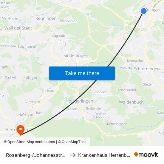 Rosenberg-/Johannesstraße to Krankenhaus Herrenberg map