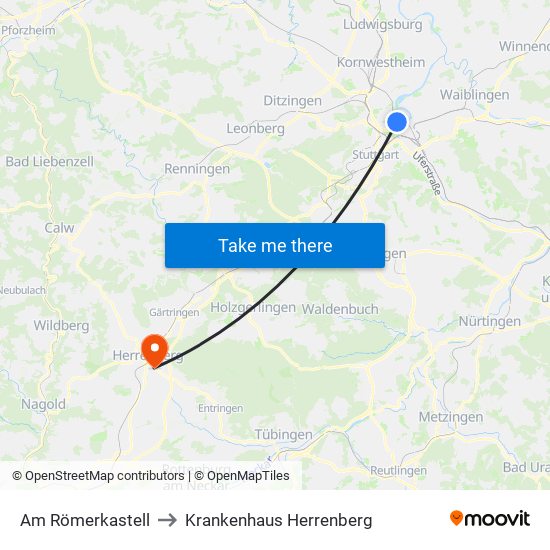 Am Römerkastell to Krankenhaus Herrenberg map