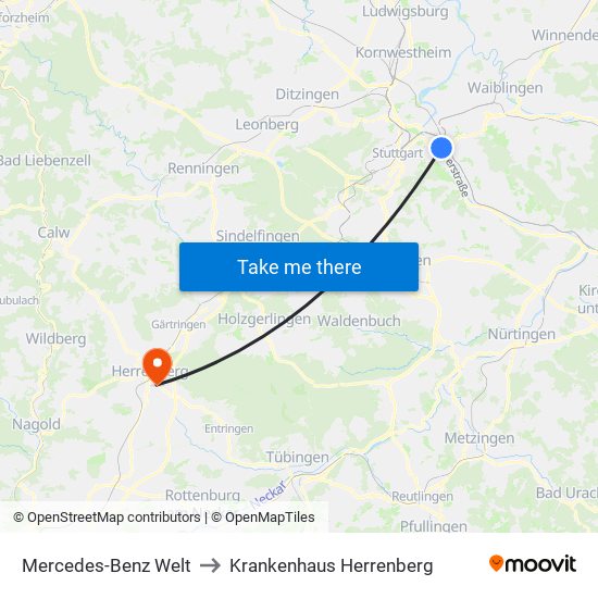 Mercedes-Benz Welt to Krankenhaus Herrenberg map