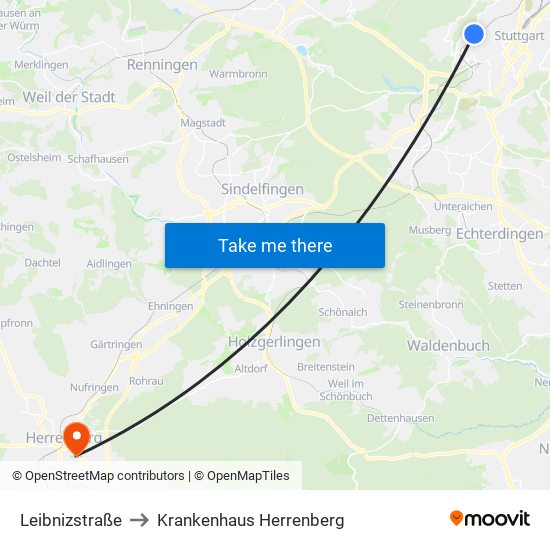 Leibnizstraße to Krankenhaus Herrenberg map