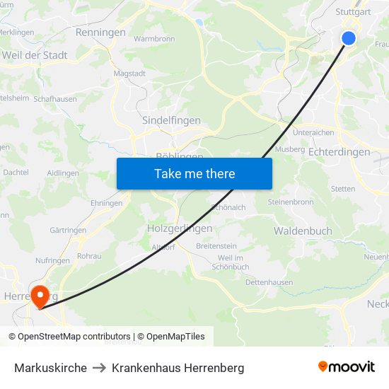 Markuskirche to Krankenhaus Herrenberg map