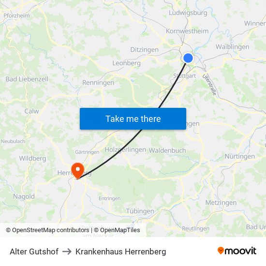 Alter Gutshof to Krankenhaus Herrenberg map
