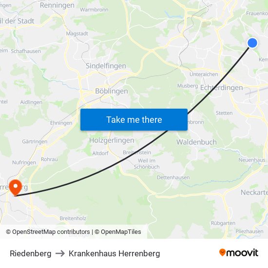 Riedenberg to Krankenhaus Herrenberg map