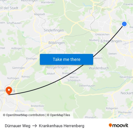 Dürnauer Weg to Krankenhaus Herrenberg map