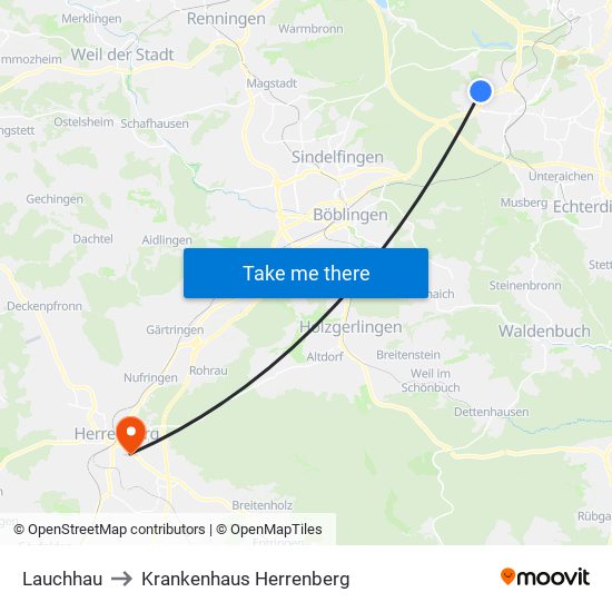 Lauchhau to Krankenhaus Herrenberg map