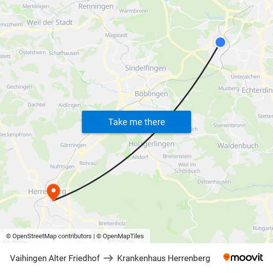 Vaihingen Alter Friedhof to Krankenhaus Herrenberg map