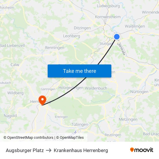 Augsburger Platz to Krankenhaus Herrenberg map