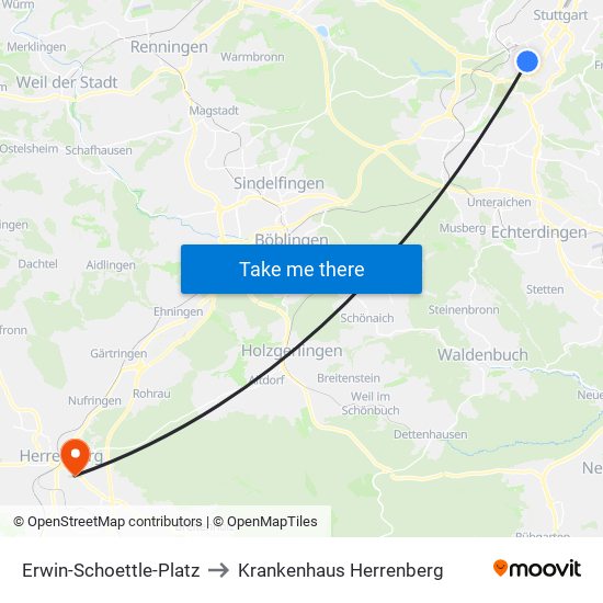 Erwin-Schoettle-Platz to Krankenhaus Herrenberg map
