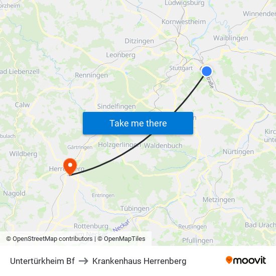 Untertürkheim Bf to Krankenhaus Herrenberg map