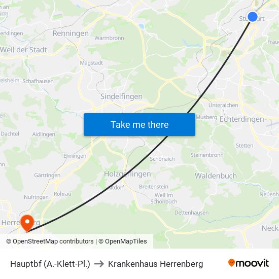 Hauptbf (A.-Klett-Pl.) to Krankenhaus Herrenberg map